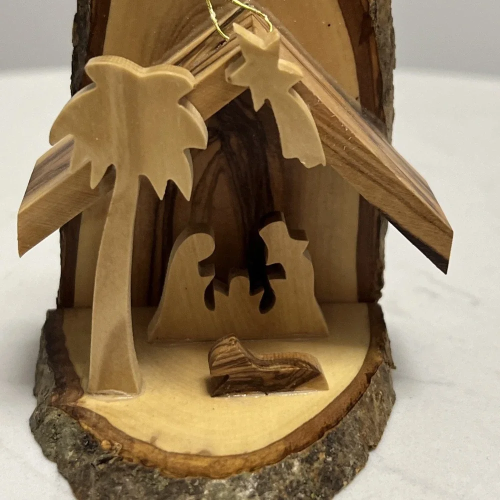 Handcrafted Olive Wood Grotto Nativity Holy‎ Family Live Edge Christmas Ornament